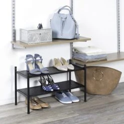 2-Shelf Punched Metal Shoe Rack, Black -Household Items Shop 2 shelf punched metal shoe rack black 4