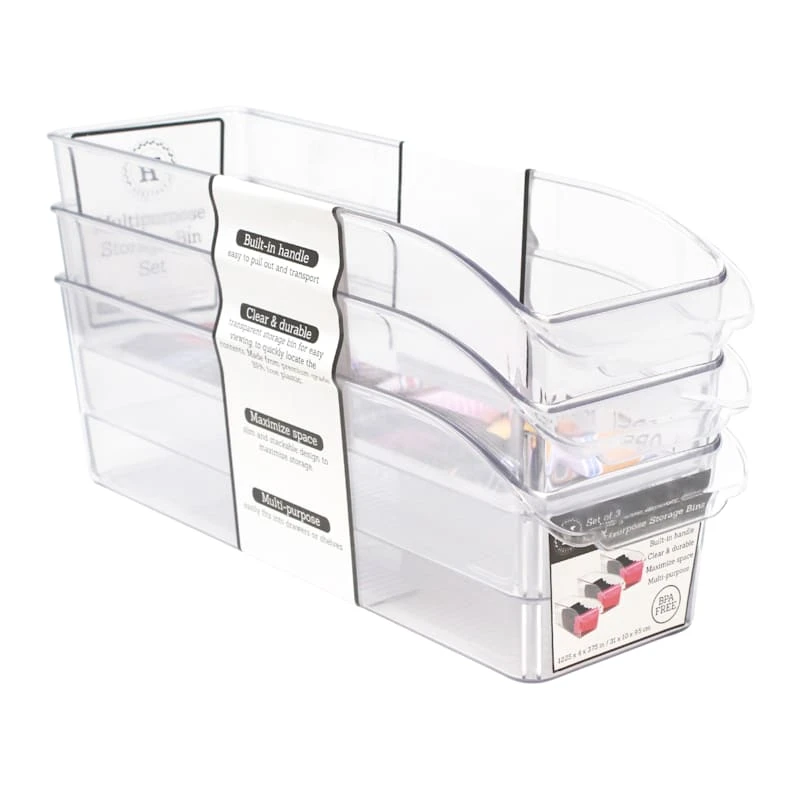 3-Piece Clear Narrow Home Storage Bin Set 3 3-Piece Clear Narrow Home Storage Bin Set