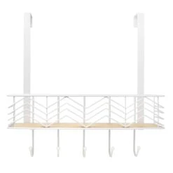 5-Hook White Chevron Bombay Diamond With Bamboo Wooden Basket Over The Door Hanger