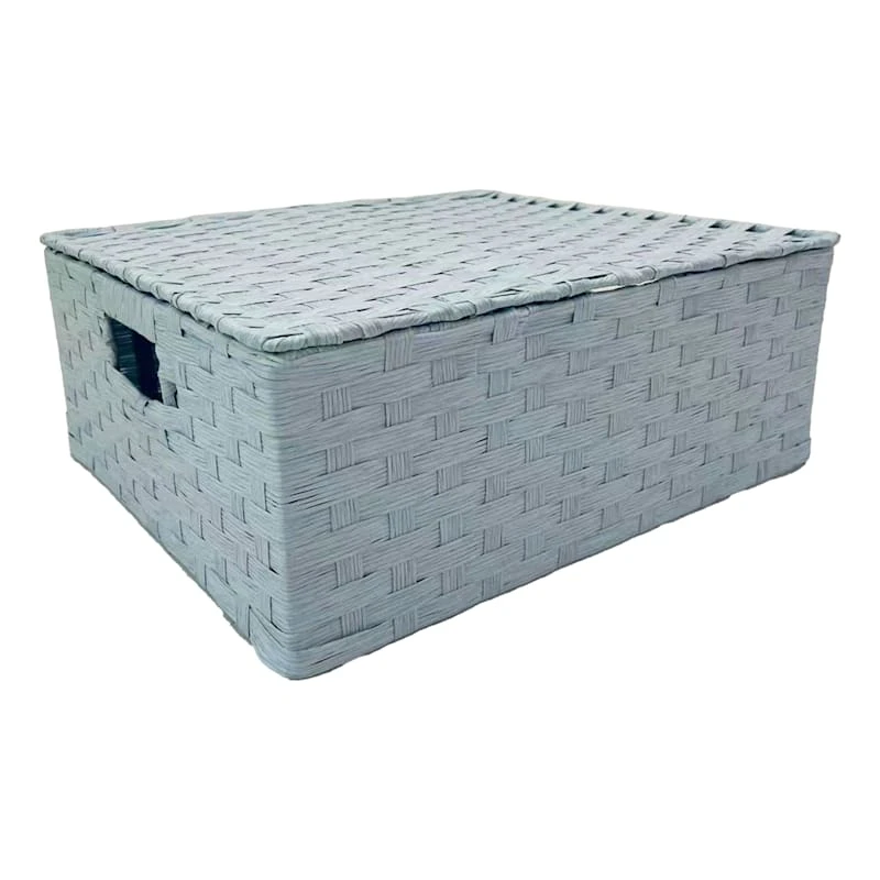 Blue Paper Rope Rectangle Storage Basket With Lid, Large 3 Blue Paper Rope Rectangle Storage Basket With Lid, Large