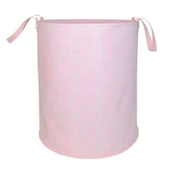 Damask Printed Round Canvas Laundry Hamper, Pink