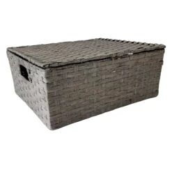 Dark Grey Paper Rope Storage Basket With Lid, Medium