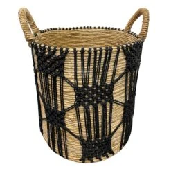 Found & Fable Round Abaca With Black Macrame Storage Basket, Large