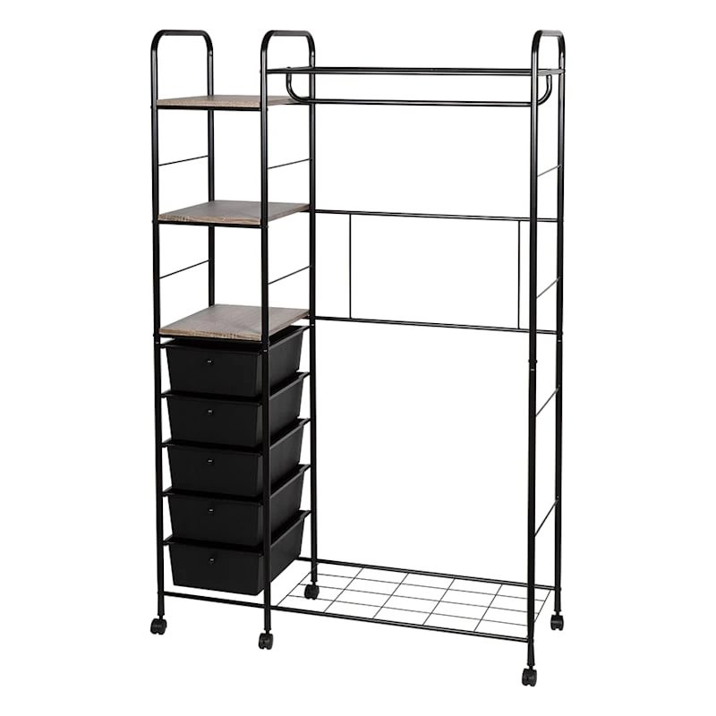 Jami Black Closet Rack With Brown Wooden Shelves 3 Jami Black Closet Rack With Brown Wooden Shelves