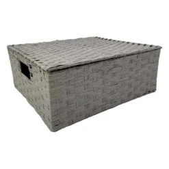 Light Grey Paper Rope Storage Basket With Lid, Medium