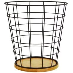 Matte Black Wire & Bamboo Wood Tapered Waste Bin, 10.3"