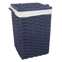Navy Blue Square Laundry Floor Standing Hamper With Ivory Liner, Large