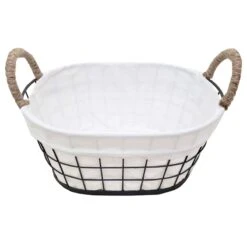 Oval Black Metal Wire Basket With Handles & Liner, 11"