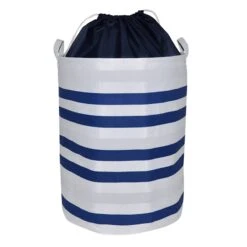 Round Collapsible Canvas Laundry Hamper With Drawstring Liner, Navy Blue
