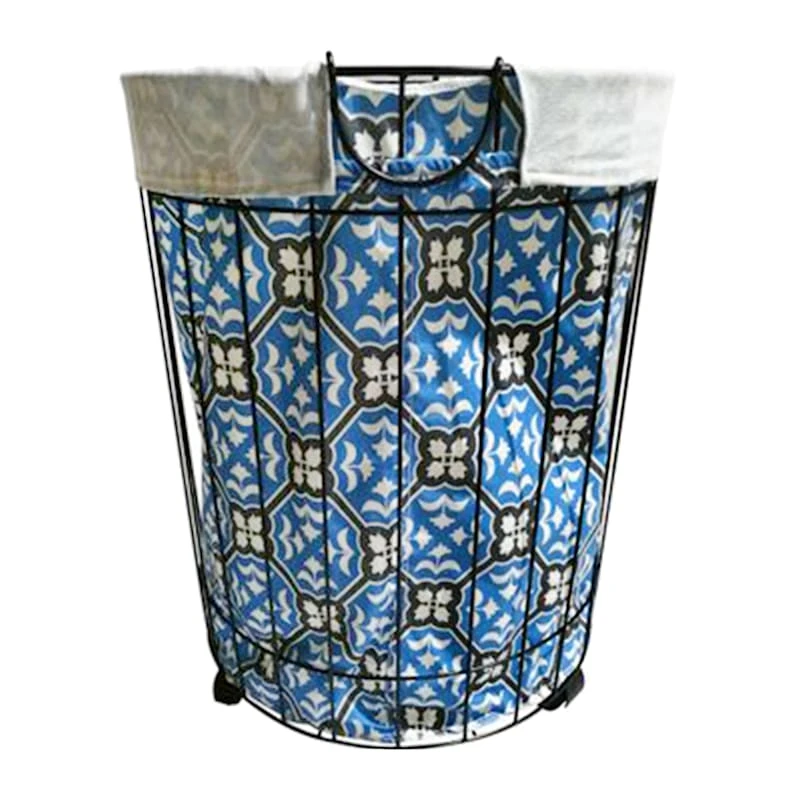 Round Wire Laundry Hamper On Wheels With Removable Liner, Blue Tile 3 Round Wire Laundry Hamper On Wheels With Removable Liner, Blue Tile