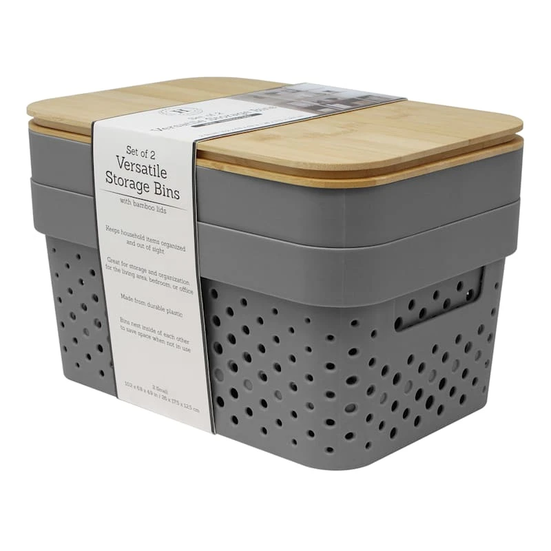 Set Of 2 Grey Storage Bins With Bamboo Lids, Small 3 Set Of 2 Grey Storage Bins With Bamboo Lids, Small