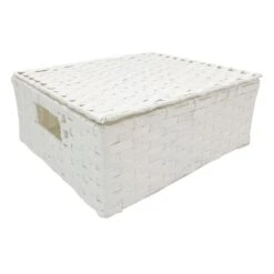 White Paper Rope Rectangle Basket With Lid, Medium